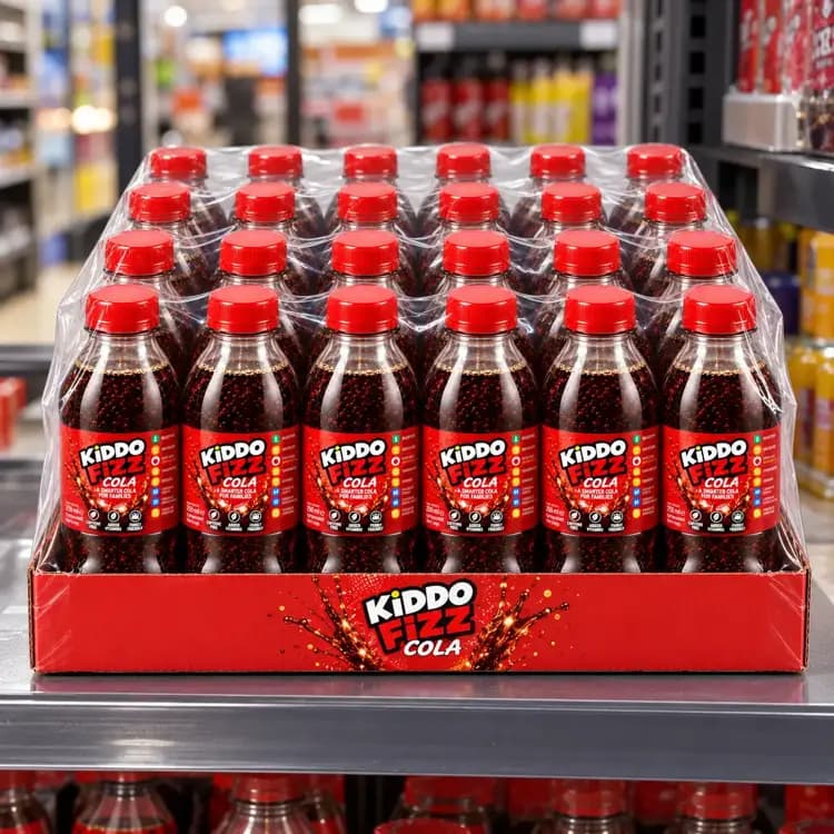 Case of 24 KiddoFizz Cola 250ml bottles displayed on a supermarket shelf, showcasing the caffeine free soft drink multipack.