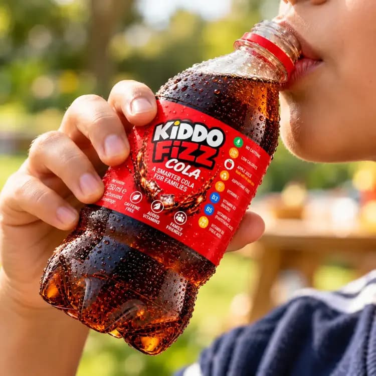 Person enjoying a chilled KiddoFizz Cola bottle outdoors, highlighting the family-friendly drink created for shared moments.