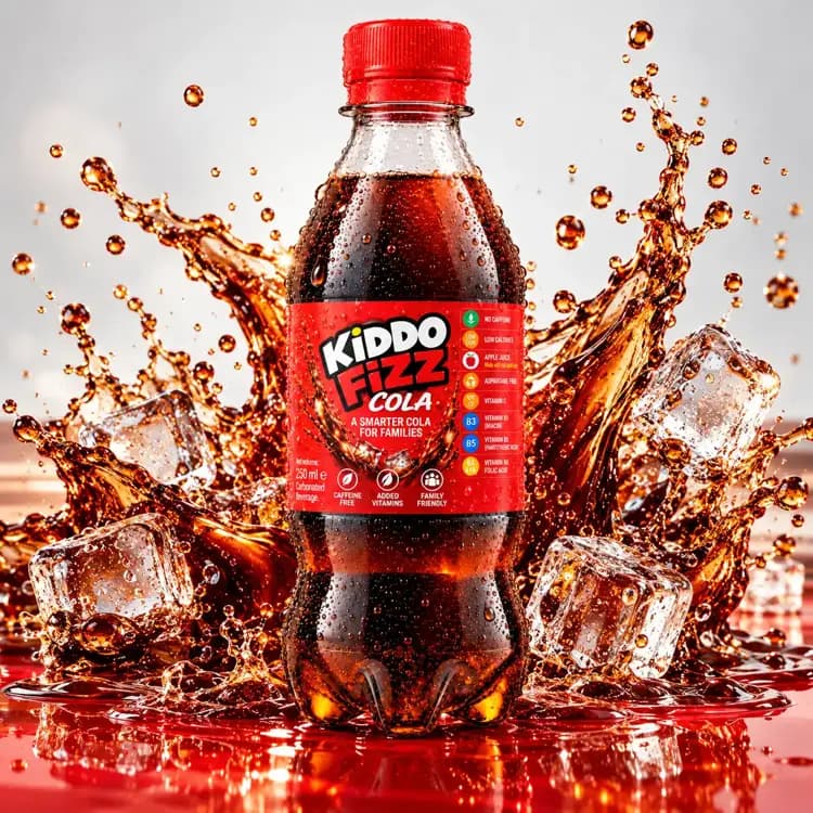 KiddoFizz Cola 250ml bottle surrounded by cola splash and ice cubes, presenting a refreshing caffeine free cola for family moments.