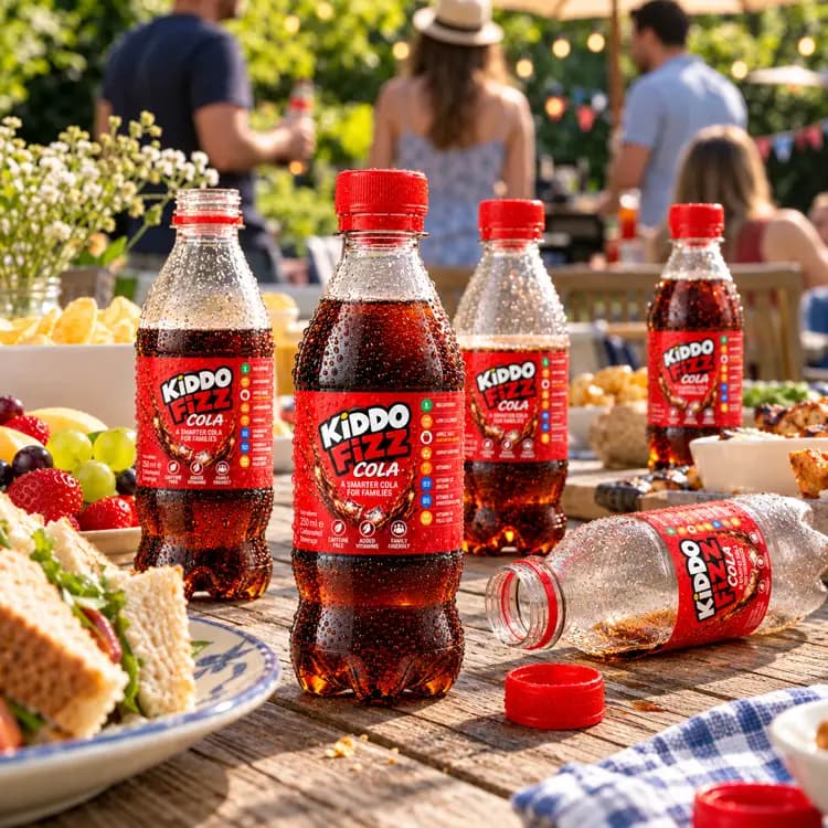 KiddoFizz Cola multipack and individual bottles displayed at a family picnic, representing a family-friendly soft drink made to be enjoyed together.