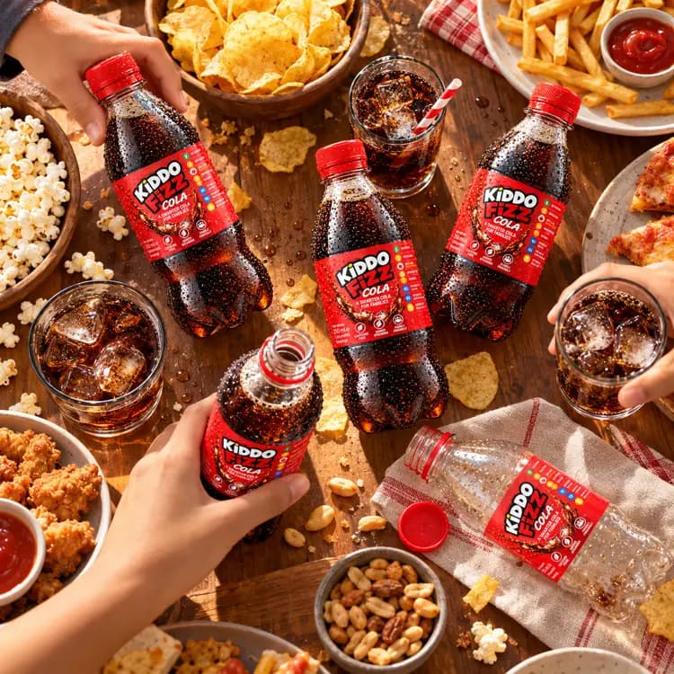 KiddoFizz Cola bottles being enjoyed with family-style food and snacks, representing the cola drink as part of everyday family moments.