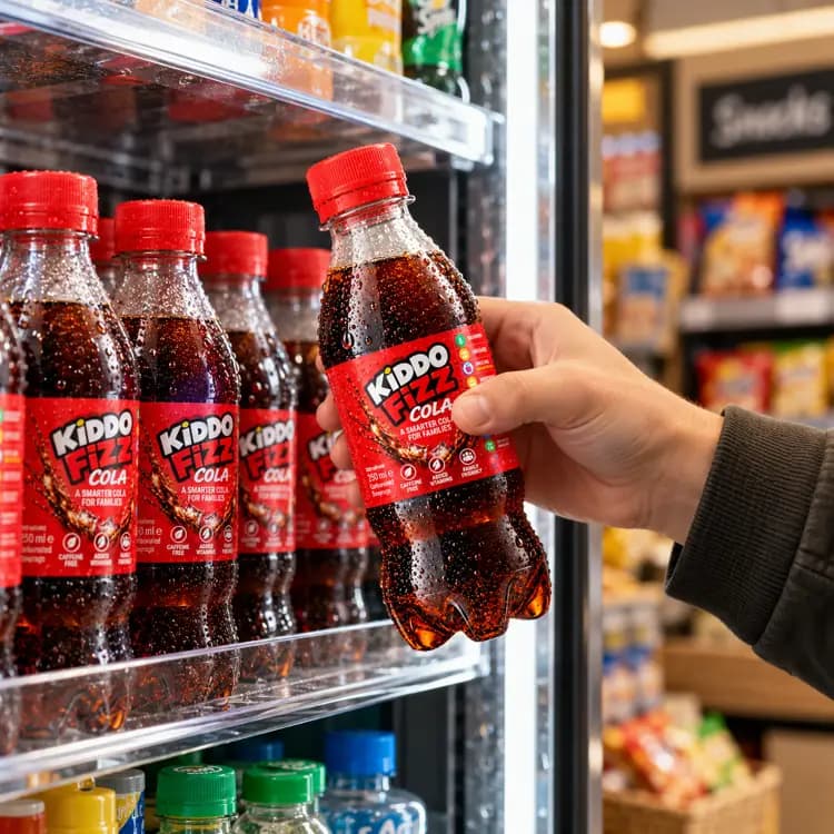 A hand reaching for chilled KiddoFizz Cola bottles from a refrigerator, highlighting a cold caffeine free cola and low calorie soft drink.
