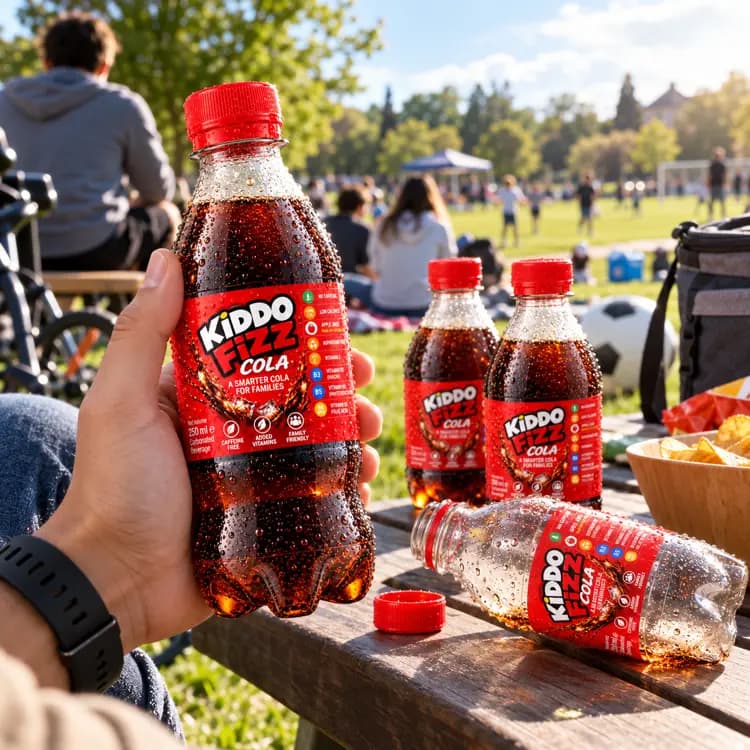 KiddoFizz Cola bottles being enjoyed at an outdoor family picnic, showcasing the cola drink as part of a family gathering.