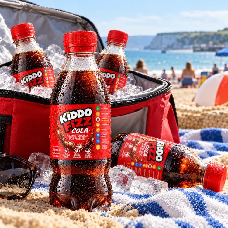 KiddoFizz Cola bottles chilling in ice beside a beach picnic, presenting a refreshing caffeine free soft drink for holiday moments.