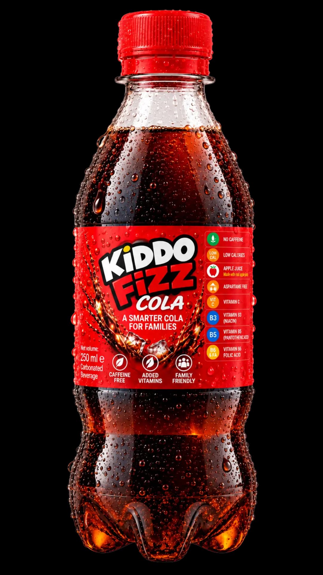 KiddoFizz Cola bottle surrounded by feature callouts highlighting its caffeine-free, low-calorie, aspartame-free and Cola drink qualities, with added vitamins.
