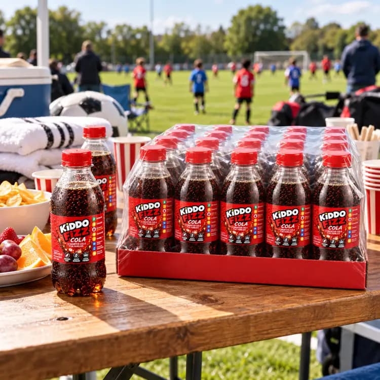 KiddoFizz Cola multipack and bottles beside a football field, showing the caffeine free cola as a refreshing family drink during playtime.