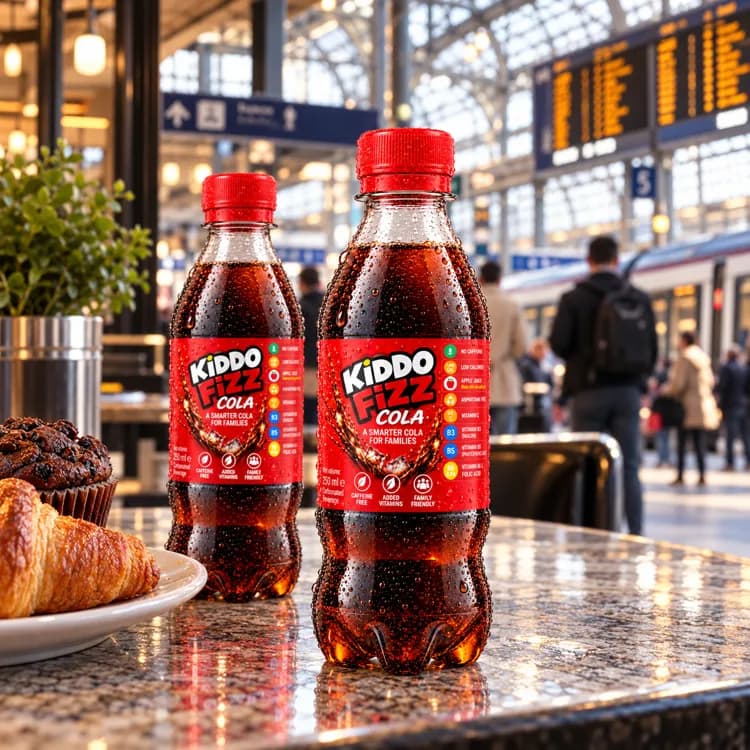 Two KiddoFizz Cola bottles served with a pastry and snacks in a busy café setting, presenting a caffeine free soft drink for everyday moments.