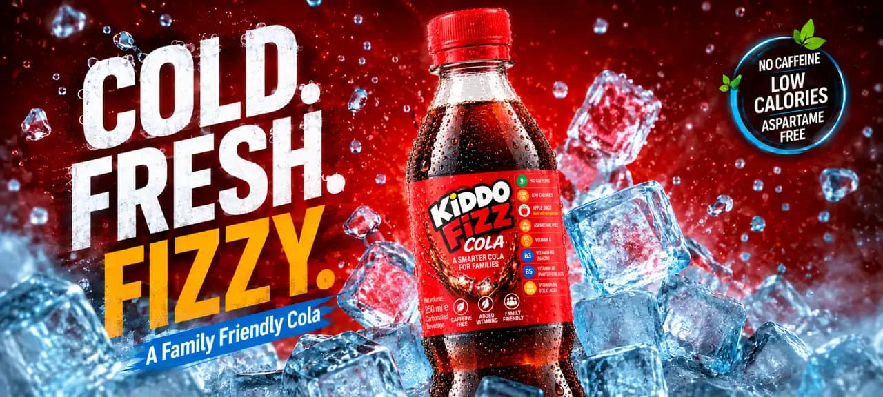 KiddoFizz Cola bottle surrounded by ice cubes and splashing cola, promoting a cold, fresh caffeine free cola and low calorie soft drink.