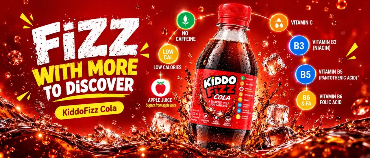 KiddoFizz Cola bottle with colourful ingredient and benefit callouts highlighting caffeine free cola, low calories, apple juice and vitamins.