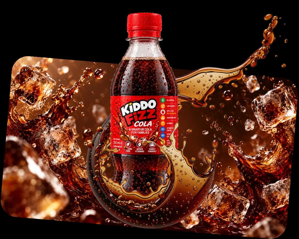 KiddoFizz Cola bottle with cola splash and ice cubes representing the cola drink flavour in the product showcase.