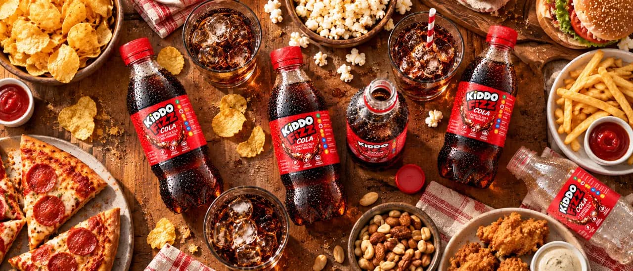 KiddoFizz Cola bottles served with snacks and food at a family party, showcasing the cola drink for shared family moments.