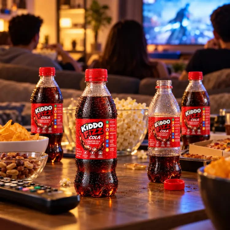 KiddoFizz Cola bottles on a table with popcorn and snacks during a family movie night, showing the caffeine free soft drink in a family setting.