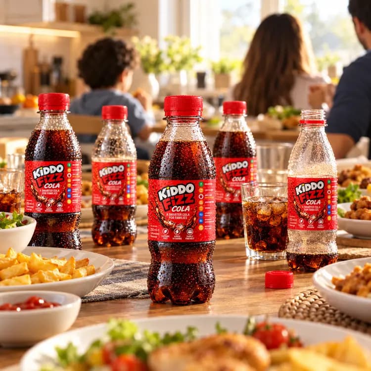 KiddoFizz Cola bottles arranged on a family dining table with food, snacks and a glass of cola, creating a warm, inviting atmosphere for a family gathering.